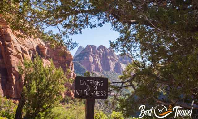 A sign indicating that the trail is entering the Zion Wilderness area.