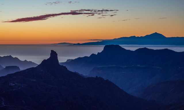 The twilight view to Roque Bentayga and Teide in the back