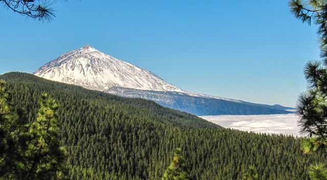 Teide above the clouds and fully covered in snow