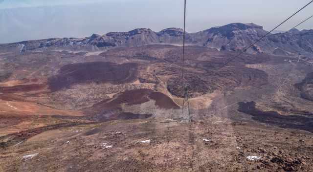 View out of the cable car down to the caldera looks Mars-like