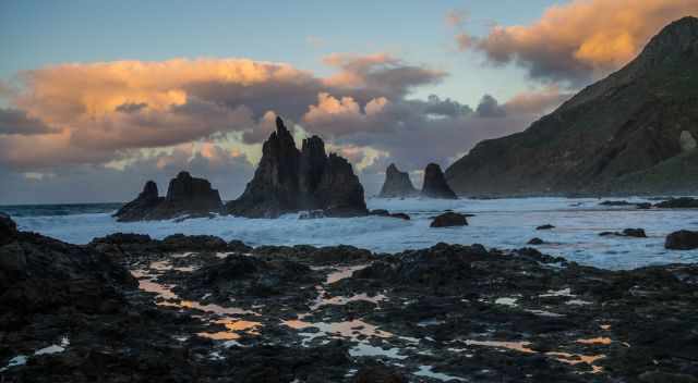 Benijo Beach and Rocks at low tide during the colourful sunset