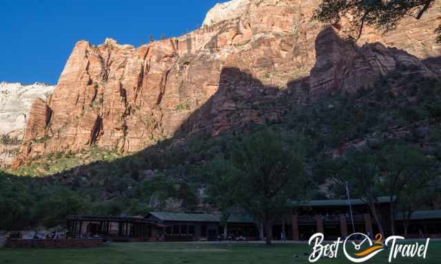 The Zion Lodge with towering mountains around