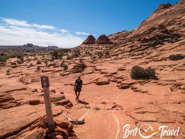 A hiker on petrified sand dunes.