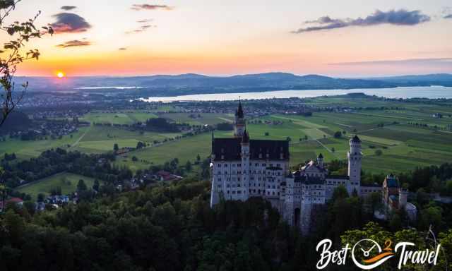 Sunset at Neuschwanstein Castle from higher elevation