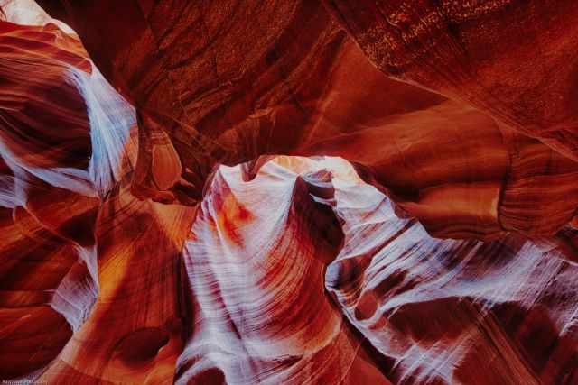 The mystic view up to the red, purple, and orange sandstone