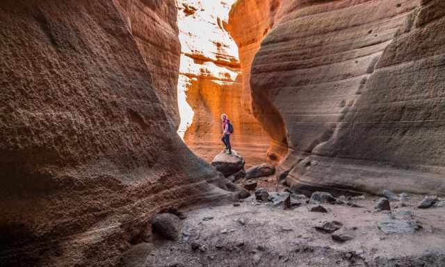 A woman on a huge rock in Vacas Slot Canyon