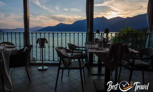 The view out of the restaurant to the lake at sunset.