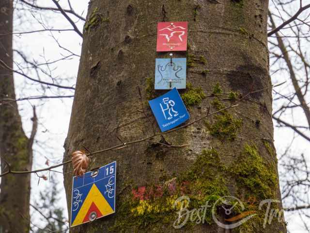 The three different hiking symbols for the trails