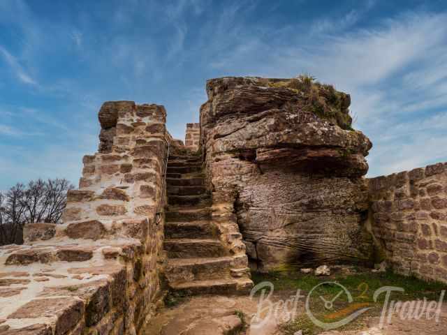 A reconstructed staircase on the top of the Wegelnburg ruin.