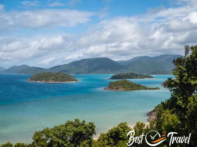 View to three islands in the Whitsundays.