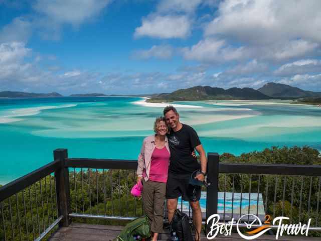 A couple at the Whitehaven Beach Outlook.