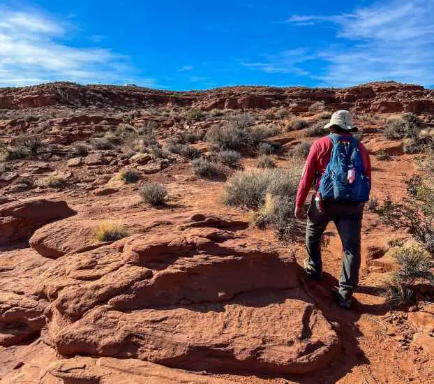 A man in the desert walking back to his jeep