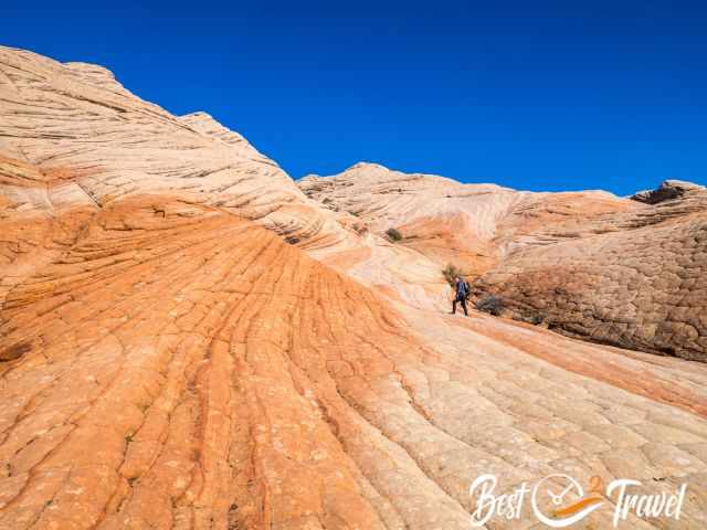 A hiker on the cube patterned Candy Cliffs