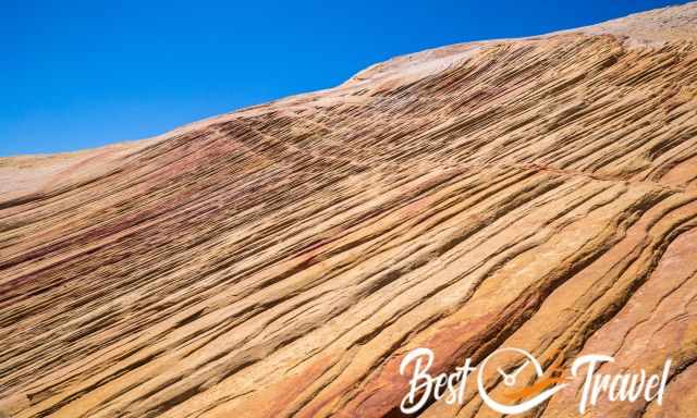 Close photo of the red sandstone layers at Yellow Rock