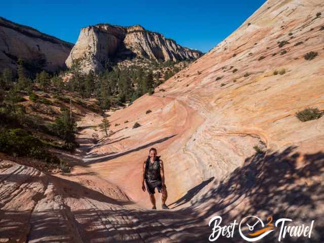 A hiker on the Checkerboard Mesa Hike