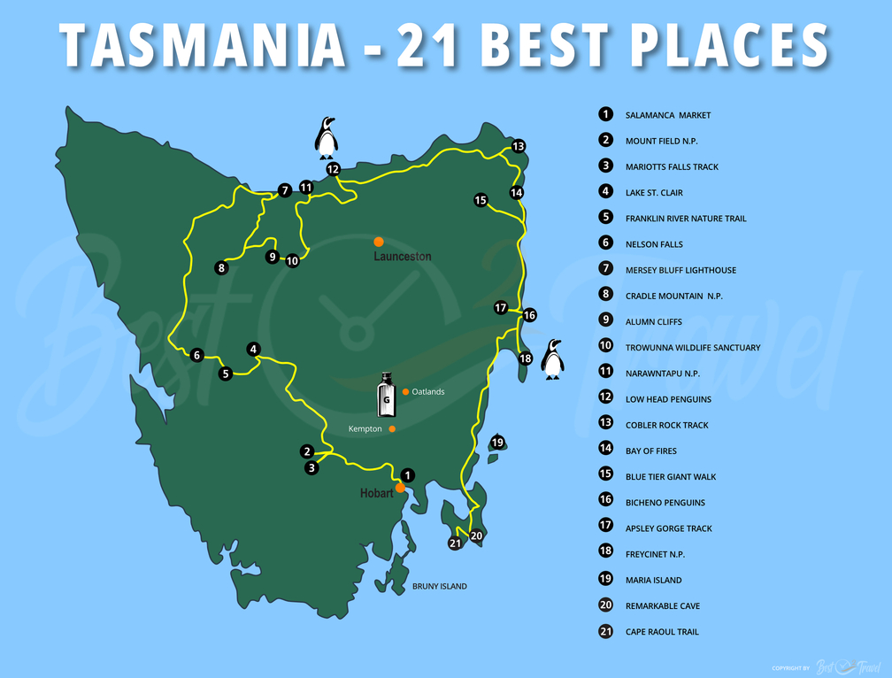 Tassie Map with 21 best places